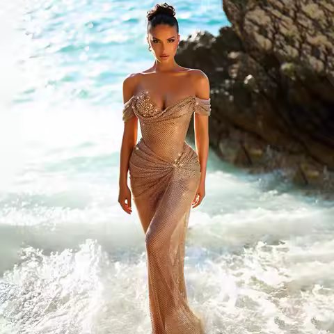 Glamorous Champagne Gold Formal Evening Gown Off-the-Shoulder Deep V Neck and Sleeveless Prom Dress Floor-Length Formal Dress