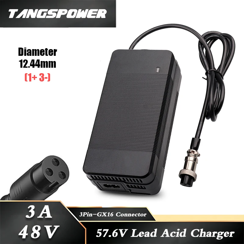 

48V 3A Lead Acid Battery Charger For 57.6V E-bike Lead-acid Battery Pack Fast Charging 3Pin-GX16 Connector With Fooling Fan