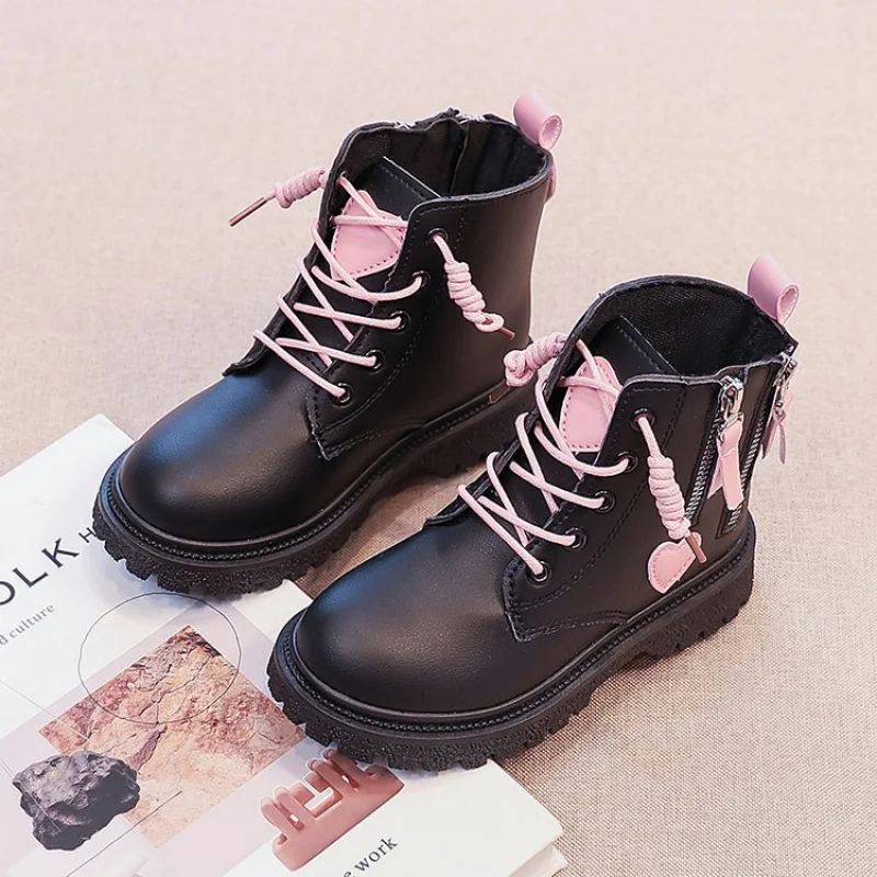 

2026 New Spring Autumn Girls Heart Decor Ankle Boots, Side Zipper Black Soft Sole ChunkyLace-UpBoots,FashionCasualNon-SlipBoots