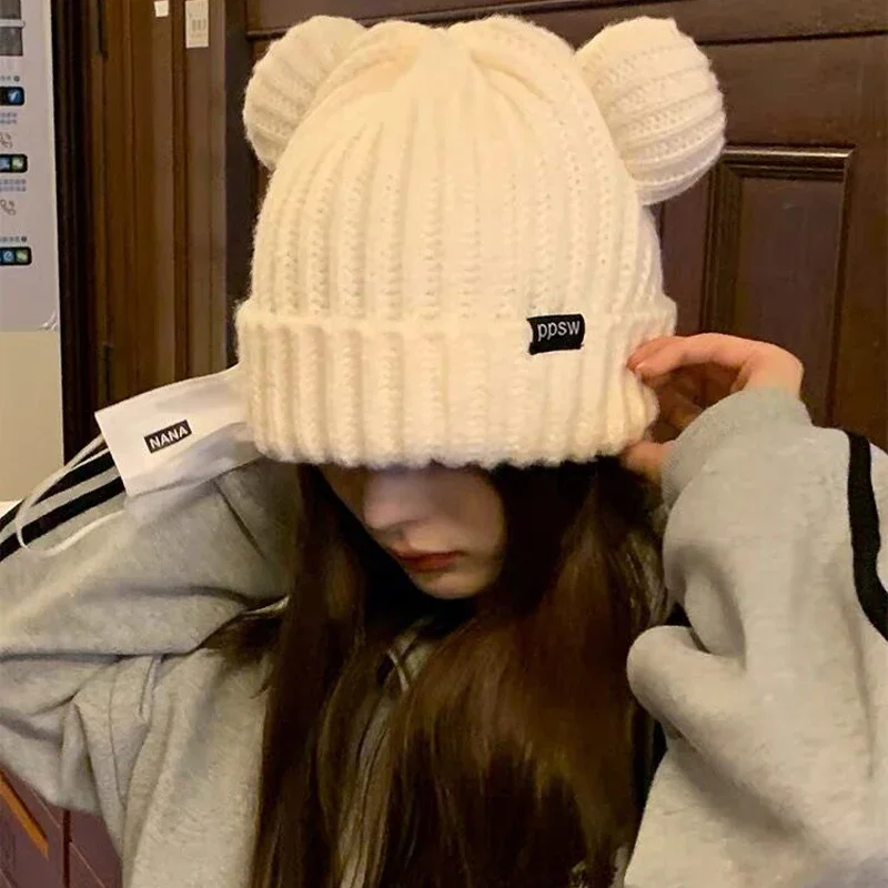 Y2K Bear Ears Thicken Hats Women Soft Harajuku Plush Ear Head Protection Cute Knitted Korean Wool Caps Cool Girl Handmade Beanie