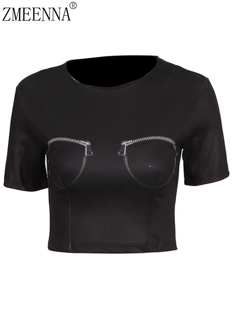 

ZMEENNA Unique Women's Short Sleeve Crop Top With Zipper Detail Graphic Print Fashionable Black Tee Stylish Design ZM864