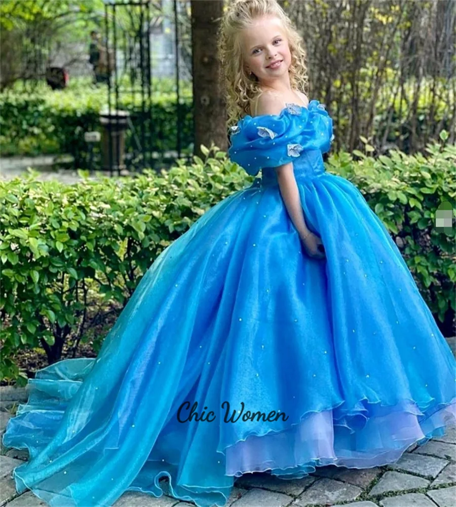 

Blue Flower Girl Dress Elegant Butterfly Cinderella Ball Gown Pageant Kids Dress Litter Girls Wedding Party Skirt Customized