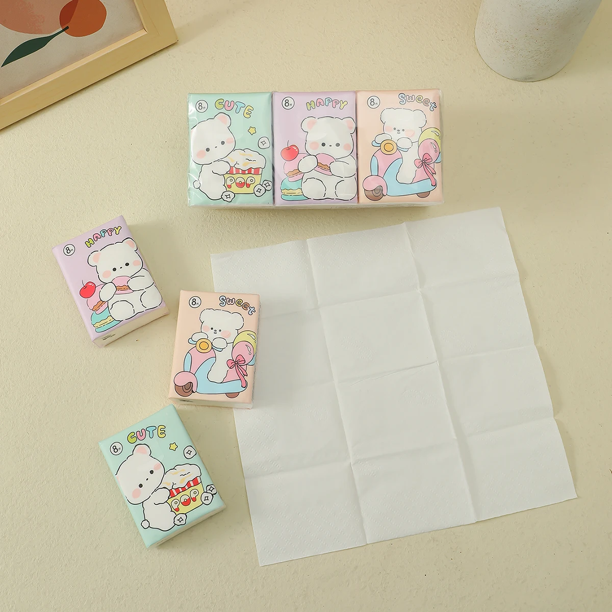 9 unids/pack Good Time Design coloridos dibujos animados originales pulpa de madera toallas de papel de bolsillo para uso de limpieza diaria