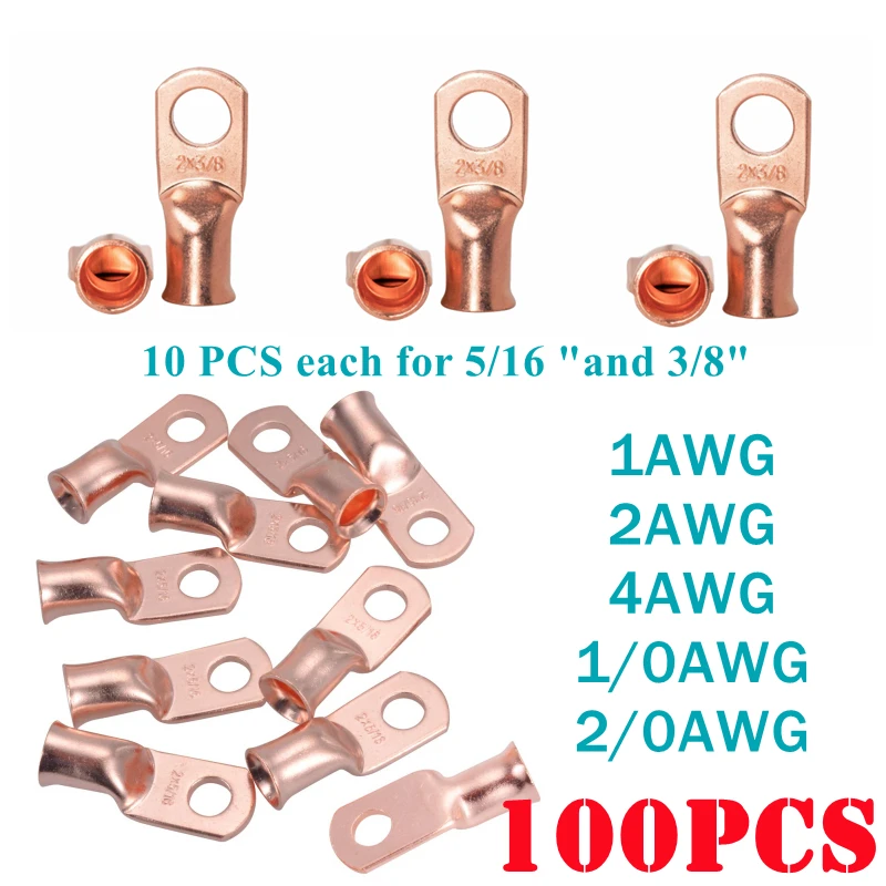 

100Pcs 3/8" 5/16‘’ Auto Bare Copper Lug Ring Car Battery Wire Welding Connector Electric Cable Crimp Terminals