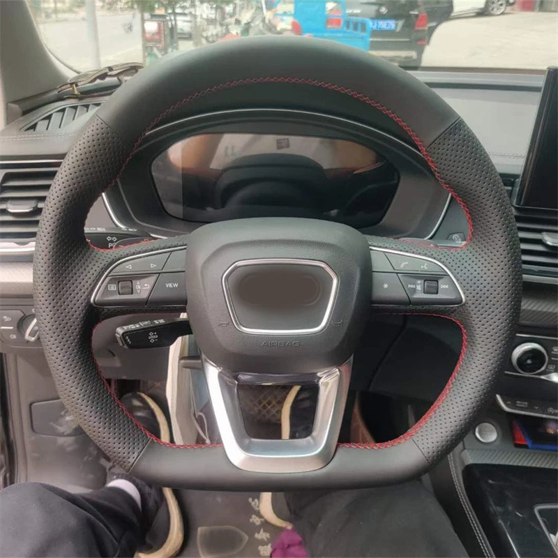 

Car Steering Wheel Cover Braid Black Leather For Audi Q3 2018-2019 Q5 (FY) 2017-2019 Q7 (4M) 2015-2019 Q8 Car Accessories