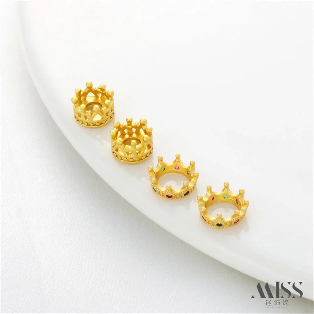 18K Gold Matte Gold Inlaid with Colored Zircon Crown, Large Hole Separated Bead Running Ring DIY Bracelet, Necklace Accessories