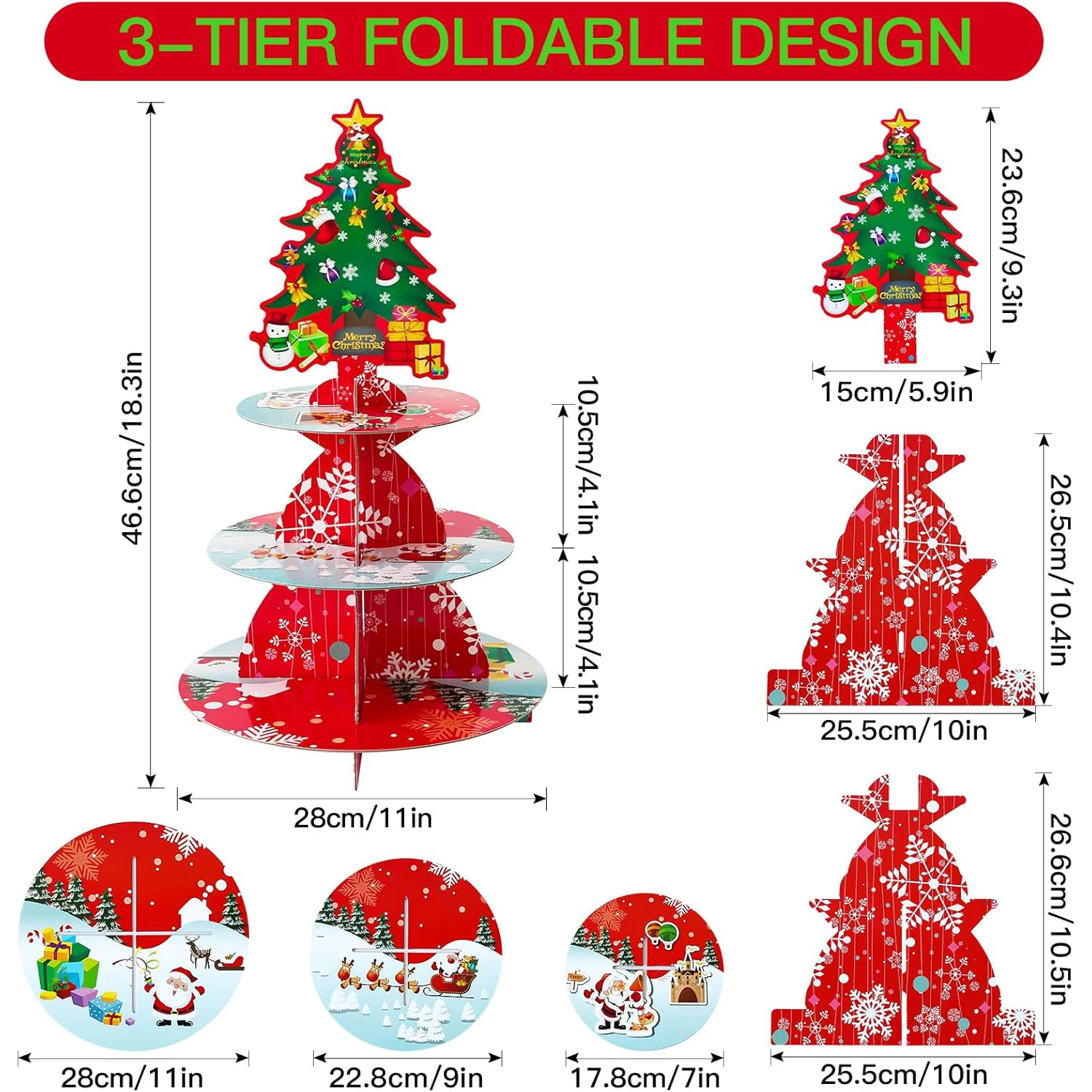 Christmas Tree Shaped 3 Tier Cup Cake Stand Xmas Cupcake Stand Cardboard Pastry Serving Tray Stand Reusable Dessert Tower