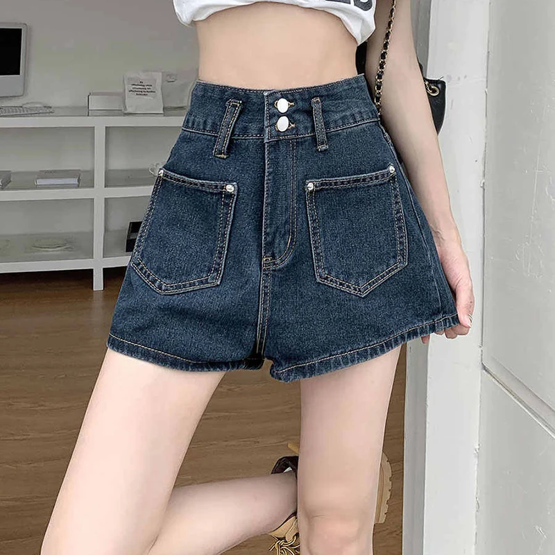 S-3xl Women Deep Blue Straight Denim Shorts Summer Oversized High Waist Wide Leg Hot Pants High Street Female A-line Shorts