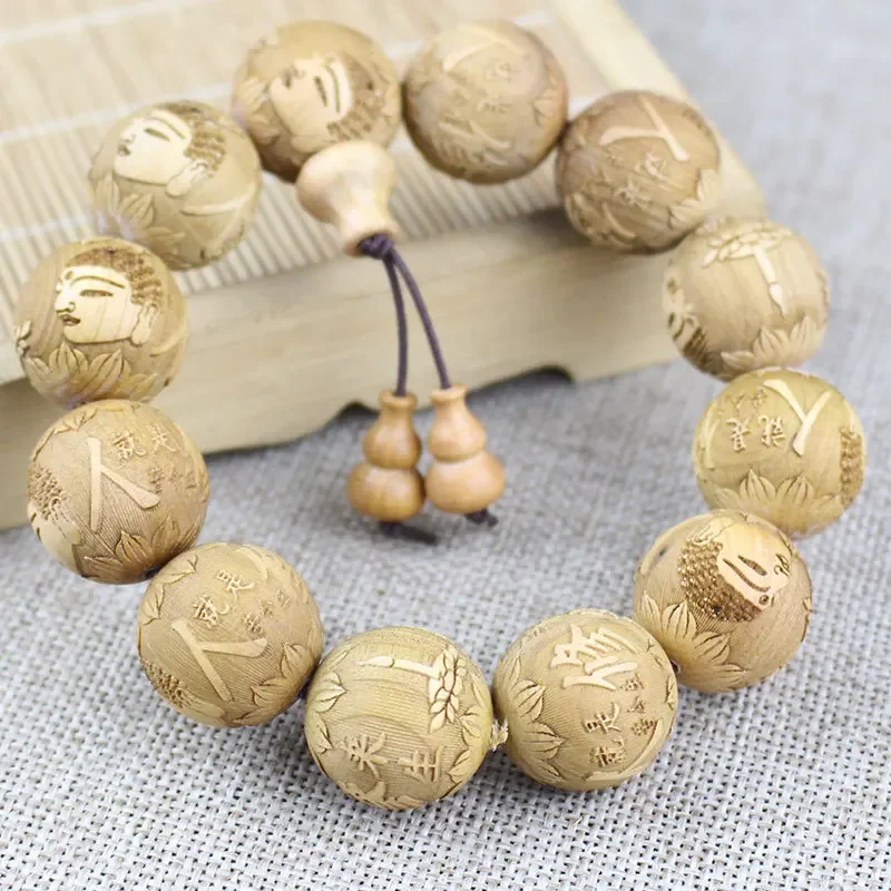 20MM Natural Thuja Cypress Wooden Creative Full Carved Buddha Beads Bracelet Dragon phoenix