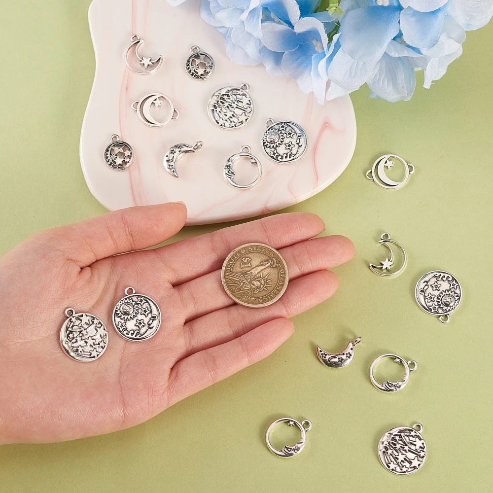 PandaHall  100pcs Anique Silver Moon Charms Mixed Styles Tibetan Sun Moon Star Charms for Jewelry Making Bulk