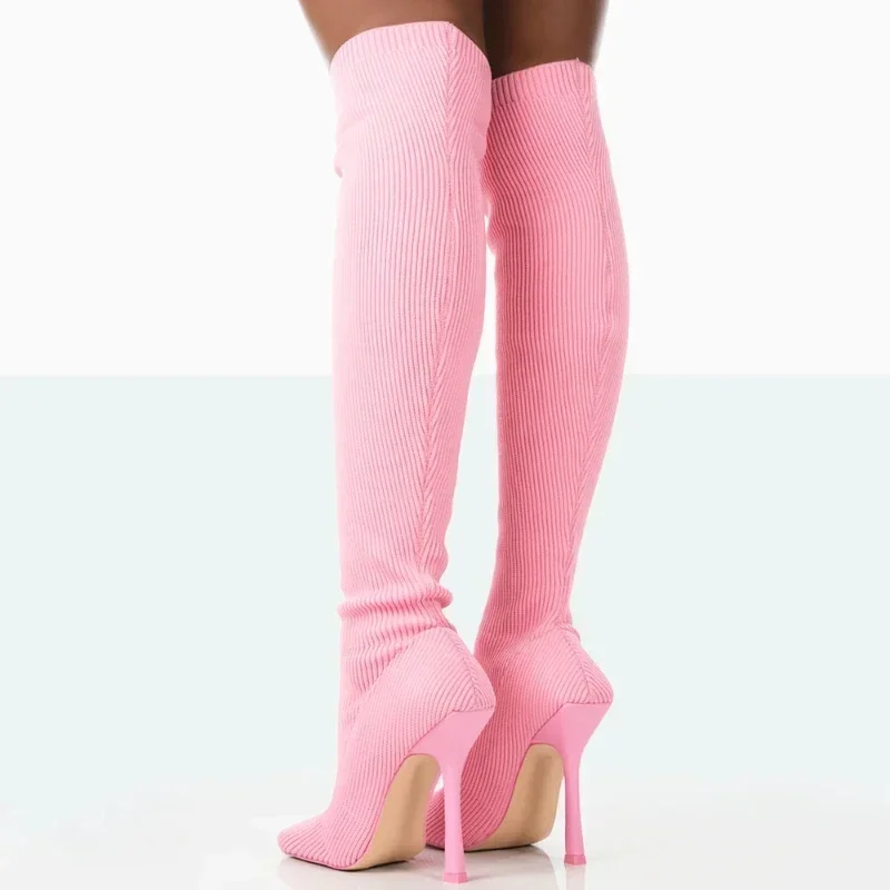 Pink Knitted elastic Knee High Boots Square head Toe Stiletto Heel Slip On Boots Women Winter Shoes Party Dress Sexy Concise