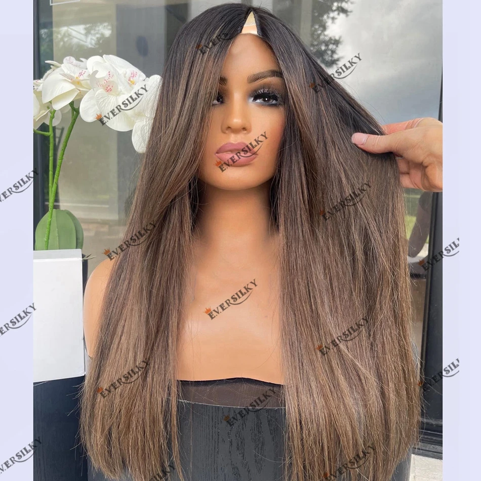 Indian Rmey Human Hair 1x4 V Part Wig Easy Install Machine Made Ombre Caramel Brown Silk Straight Human Hair Wig for Black Women