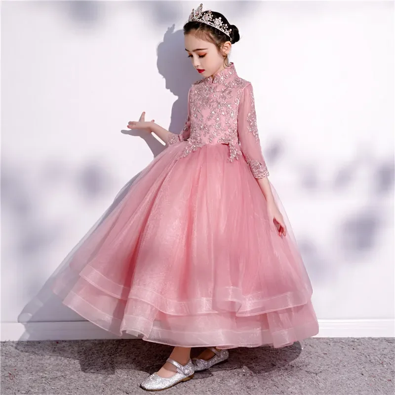 It's Yiiya Customized Flower Girl Dress Pink Tulle High Neck Appliques Beads 3/4 Sleeves Floor-Length Kids Party Girl Gown A2348