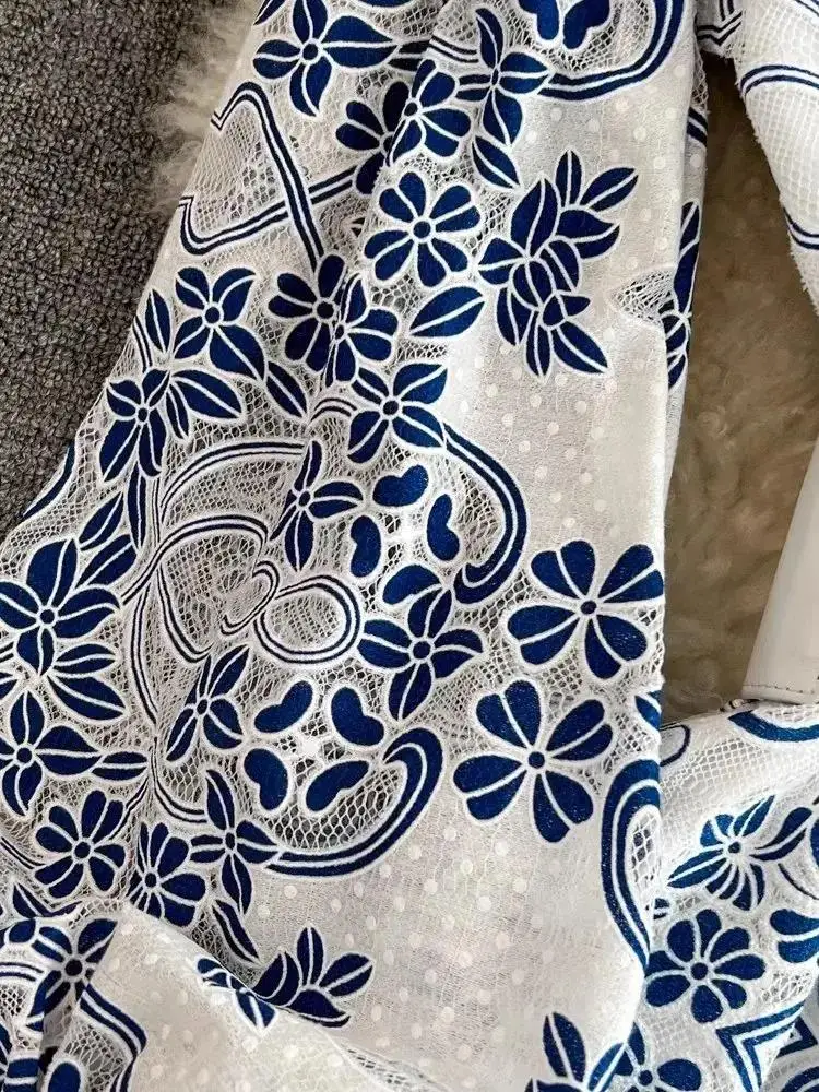 Women's Stand Long Lantern Sleeve Belt Party Prom Dress Autumn Runway Floral Embroidery Hollow Out Lace Evening Robe Vestido