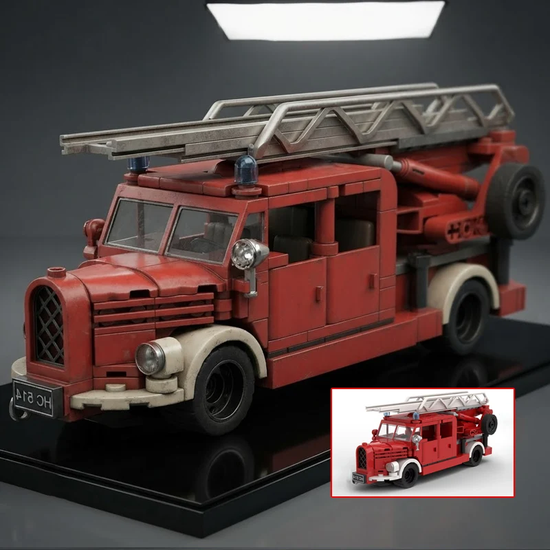 Vintage Fire Truck Building Blocks Set, Classic Emergency Rescue Vehicle Model, DIY Assembly Brick Kit for Kids and Adults
