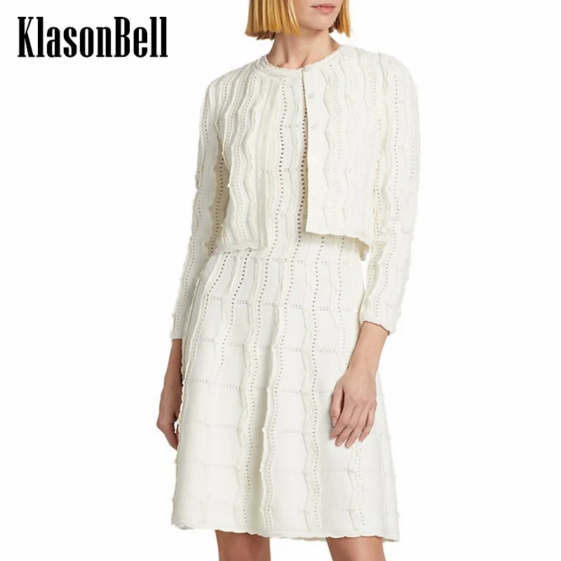 

7.2 KlasonBell Women Elegant Hollow Out Jacquard Weave Single Breasted Knit Cardigan Or O-Neck Sleeveless Slim Tank Dress Set