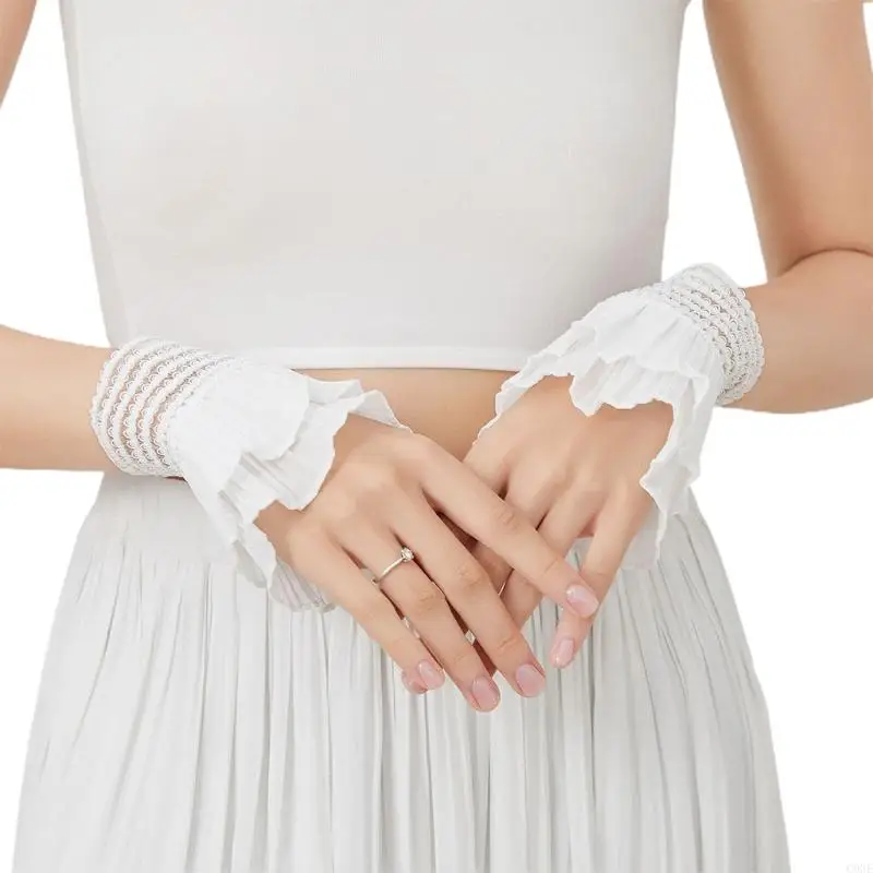 C9GE Detachable Shirt Pleated Flare Sleeve False Cuffs Solid Color Pleated Wristband