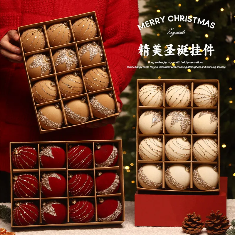 High-end Red Flocked Christmas Ornament Balls Unique Craft Design To Upgrade Xmas Tree Holiday Atmosphere