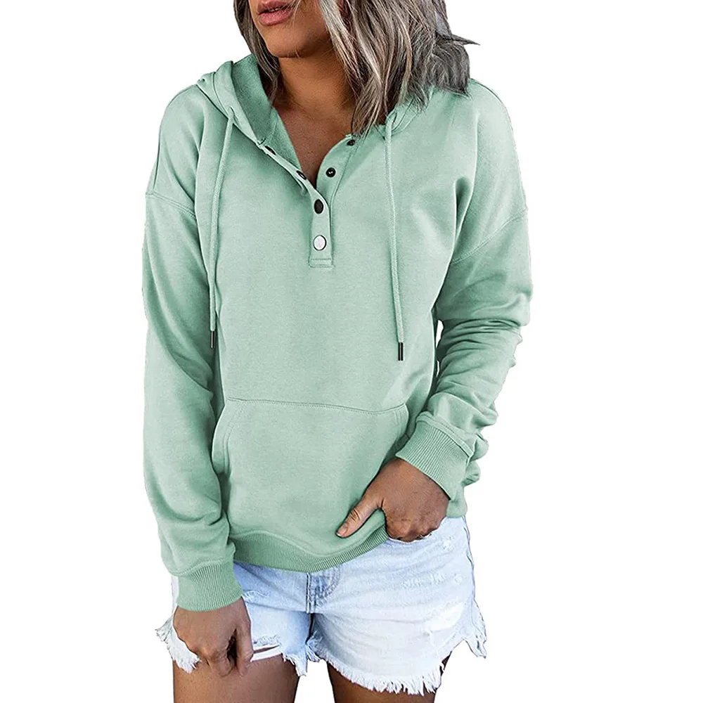 Women's Drawstring Hoodies with Pockets Sweatshirt Button Design Hooded Pullovers Autumn Female Casual Sports Sweatshirt