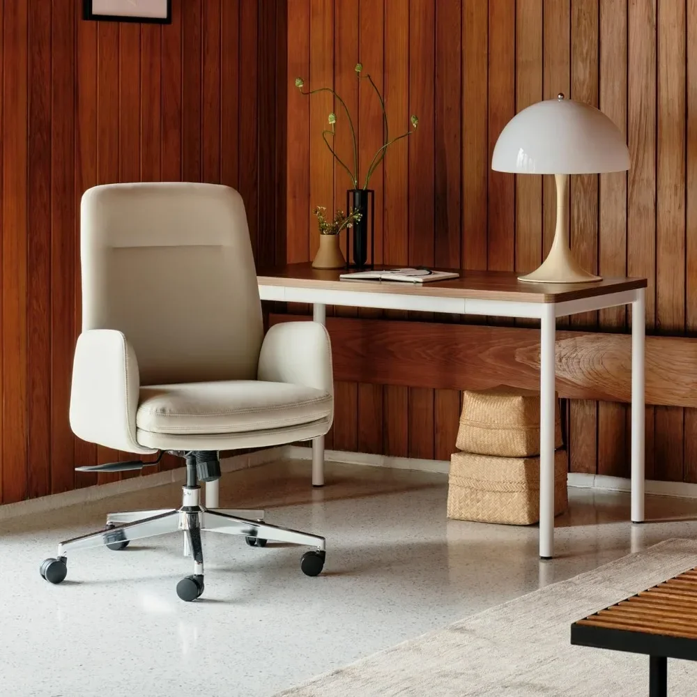 Softside Mid Century moderna cadeira de escritório, couro vegano, braços removíveis, alta volta Design