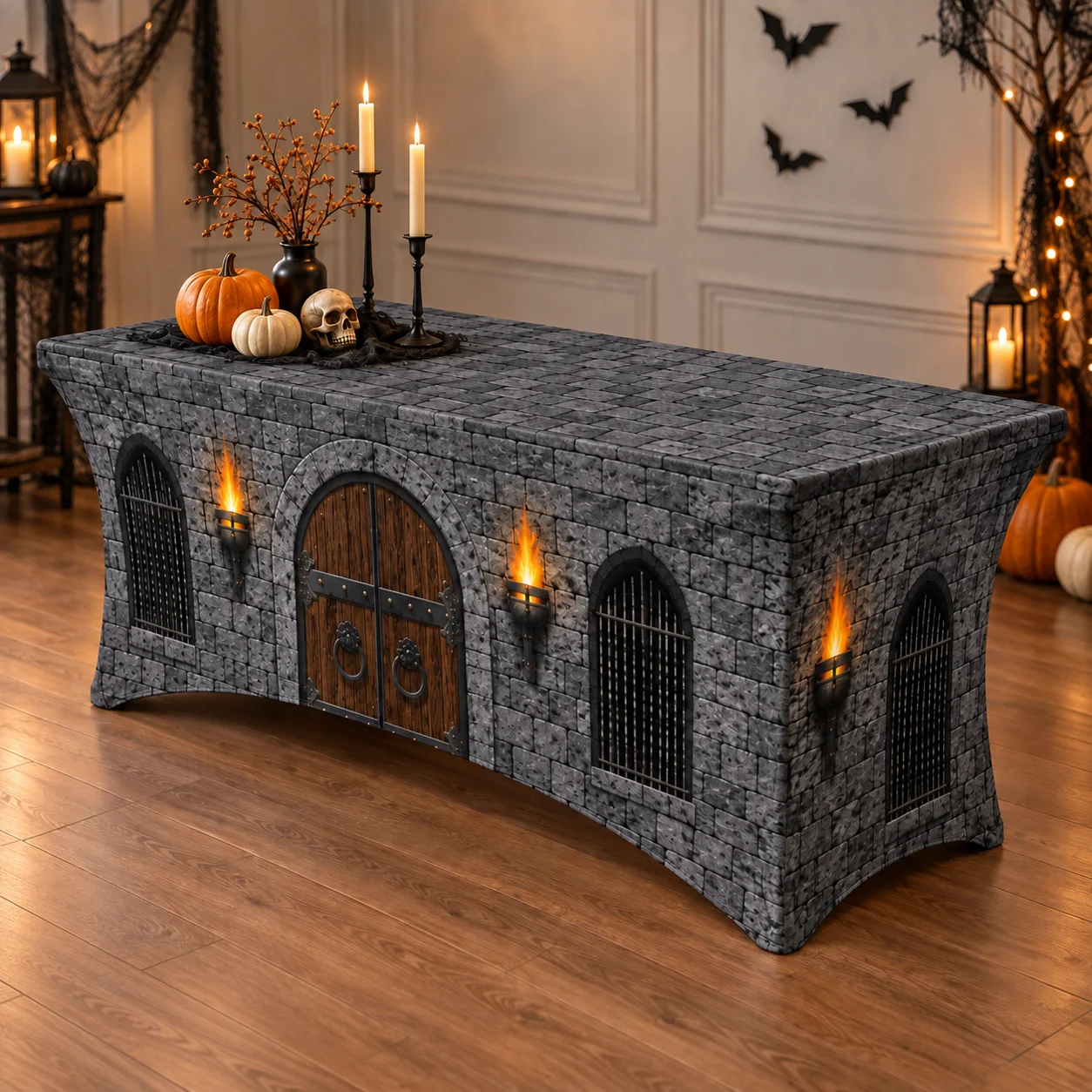 Halloween Castle Dungeon Stretch Tablecloth Rectangular Spandex Fitted Table Cover Haunted House Party Banquet Event Decorations
