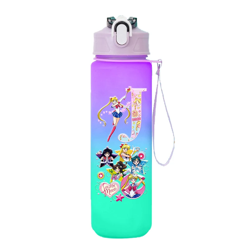 Sailor Moon Water Bottle 750ml Girl Women Gradient Anime Letter A-Z Straw Drinking Cups Portable High-capacity Outdoor Bottles view 2