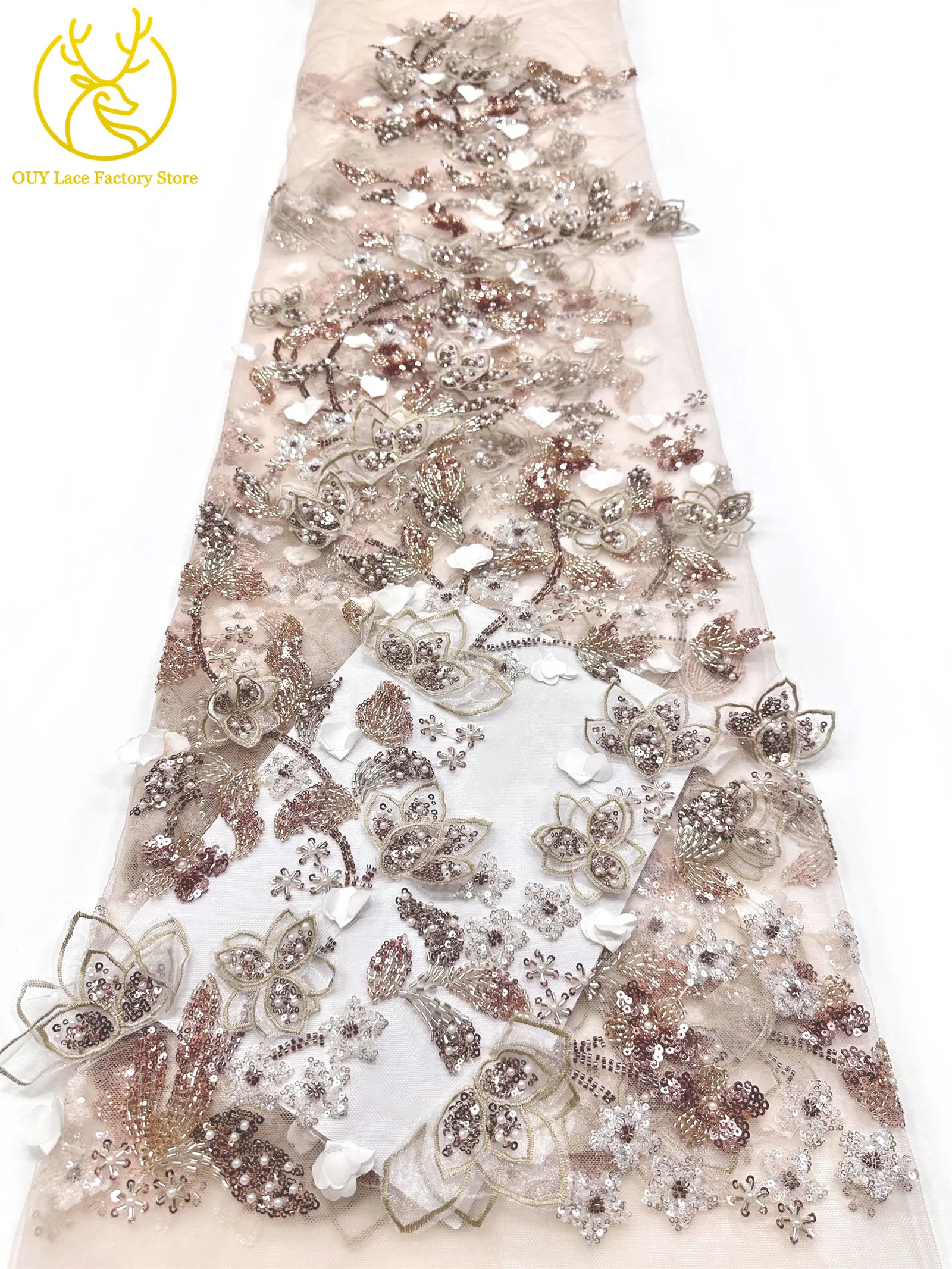 5 Yards afrikanischer 3D-Blumen-Spitzenstoff mit Perlen, 2026, hochwertiger französischer nigerianischer Stickerei-Tüllstoff zum Nähen von Hochzeitskleidern – Detail 12