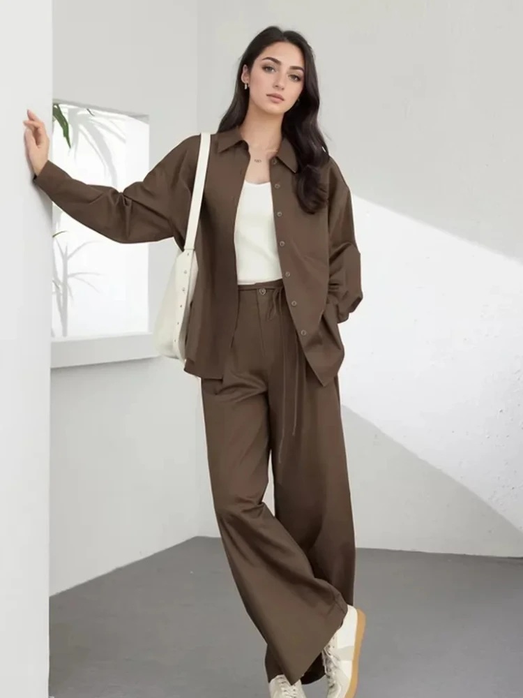 

VIMLY модные женские комплекты из 2 предметов, осень 2025 г., рубашки на пуговицах с длинными рукавами, широкие брюки на шнуровке, повседневные костюмы 30207