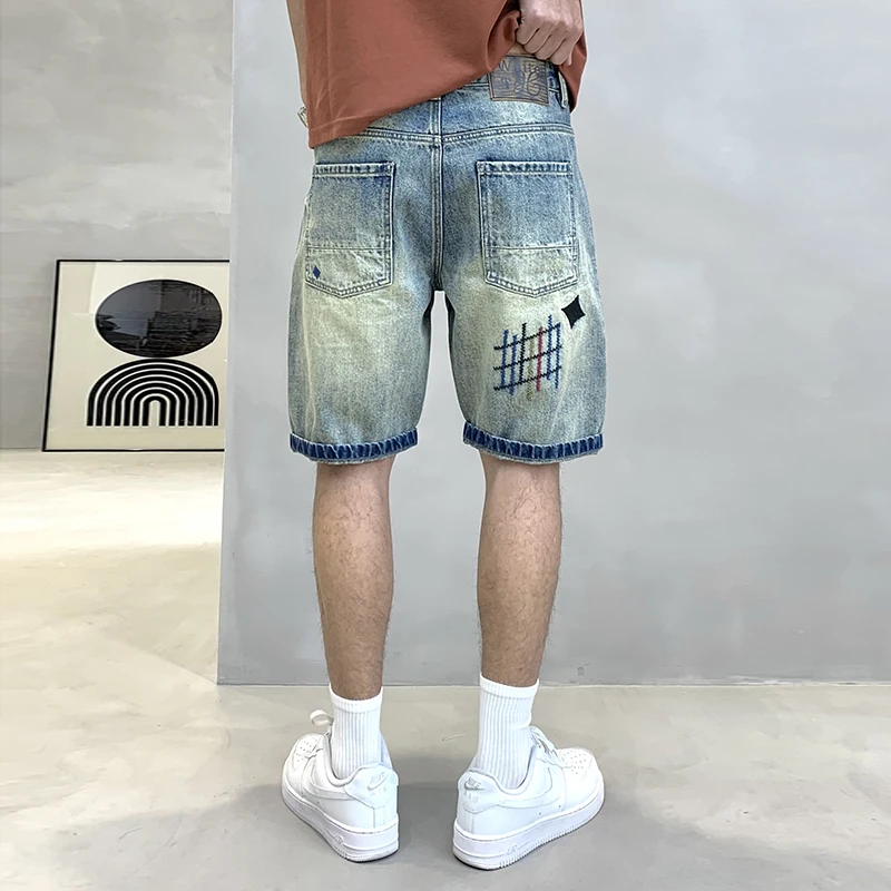 Embroidered hole & patch denim shorts men2024summer new street fashion Korean style personalized retro cropped pants