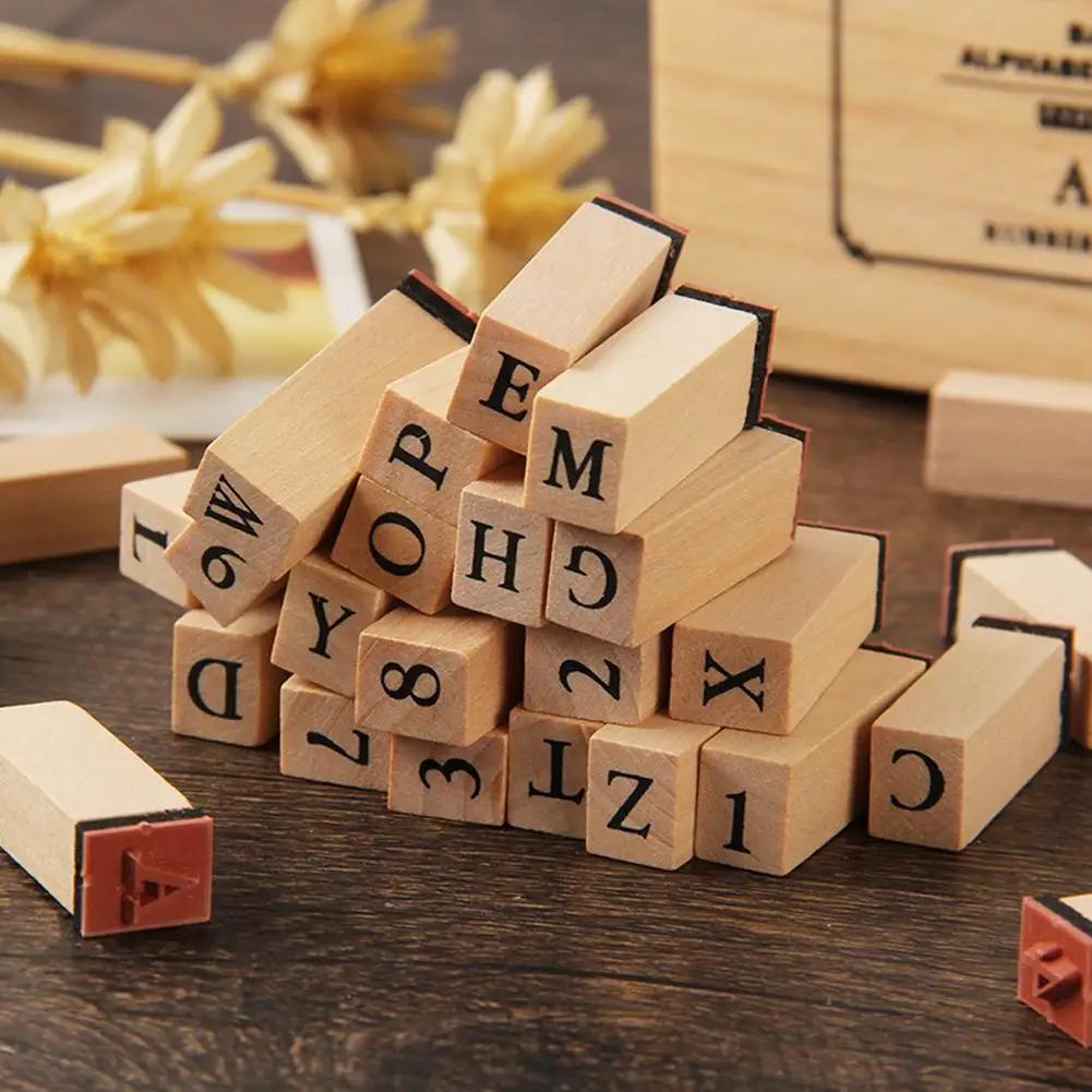 1set Wooden Seal 26 English Alphanumeric Symbols Wooden Box Binding Exquisite Gift Creative Seal