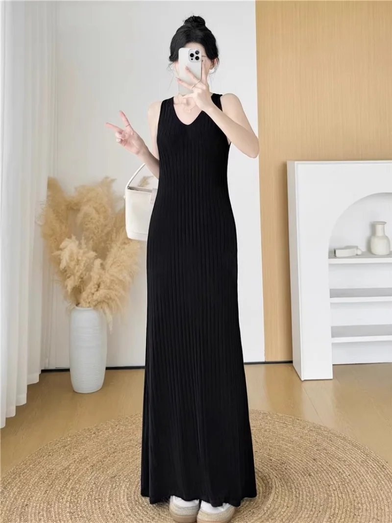 X-Long V-Neck Sleeveless Suspender Ice Silk Knitted Dress Summer New Collection Slim Fit Tank Top Long Dress For Women w468