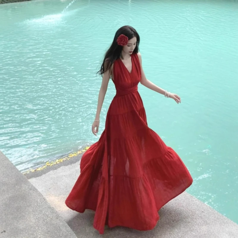 

French-style Sexy Woman's Halter-neck Dress for Women 2026 Summer Fashion High-waisted Elegant Backless Solid Color Long Dress