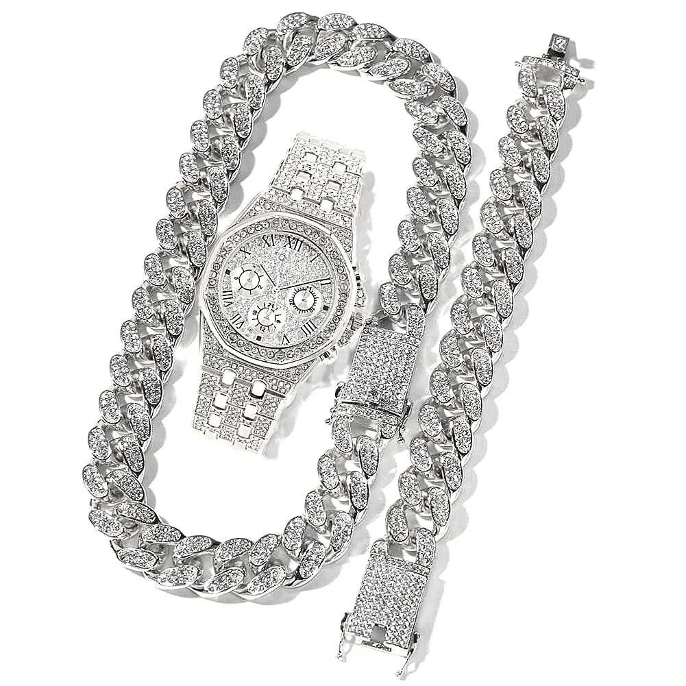 

Роскошный классический комплект ювелирных изделий из 3 предметов для женщин и мужчин, серебристые золотые часы, ожерелье, браслет, рэпер, клуб, кубинская цепочка со стразами