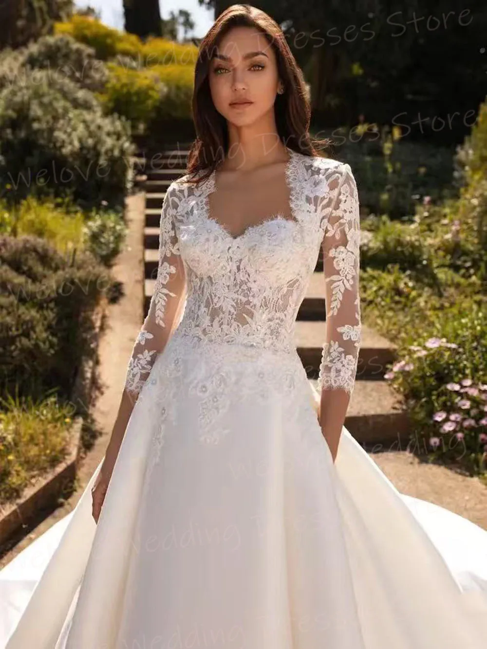 2025 Graceful A Line Vestidos De Novia para mujer Manga tres cuartos Vestidos De Novia personalizados Apliques De encaje Vestidos De Novia De satén