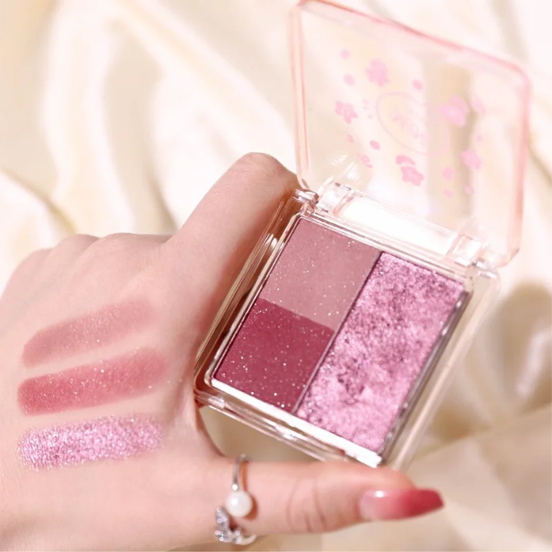 팔레트3 Colors Pink Purple Eye Shadow Plate Cute New Pearl Shine Powder Finish Portable Cosmetics Small Rose Pigments Makeup Tools