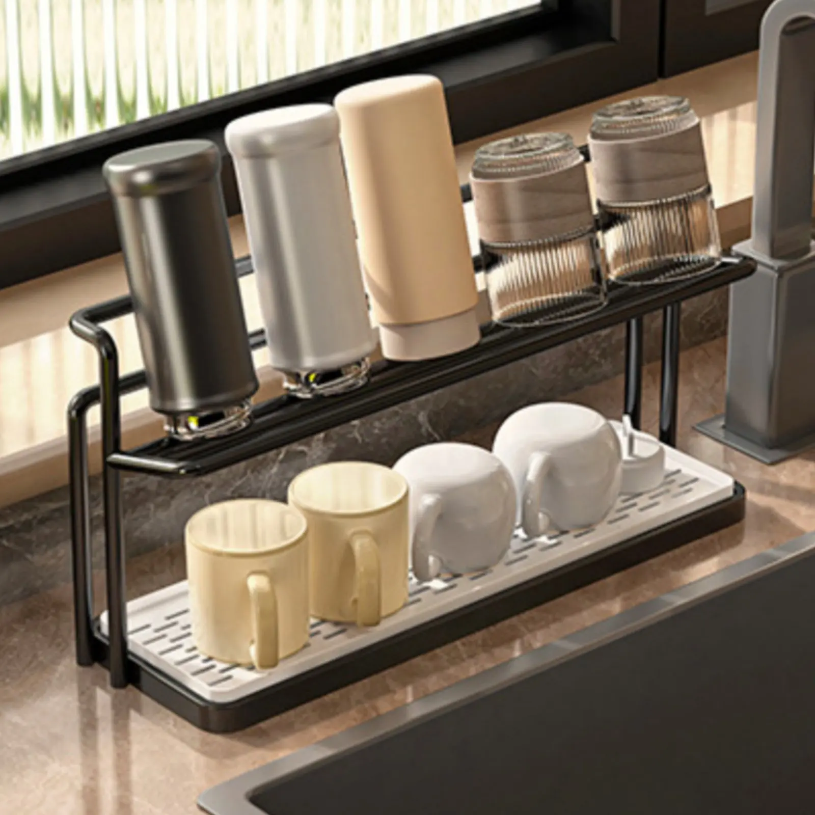Double Layer Cup Rack Drain Tray Countertop Dish Rack Double Layer Dish Drainer Easy Clean Household Storage Stable Frame