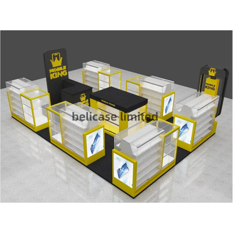 customized.Phone Accessories Glass Showcase with LED Light Lockable Cell Phone Display Cabinet Mall Kiosk Design Mobile