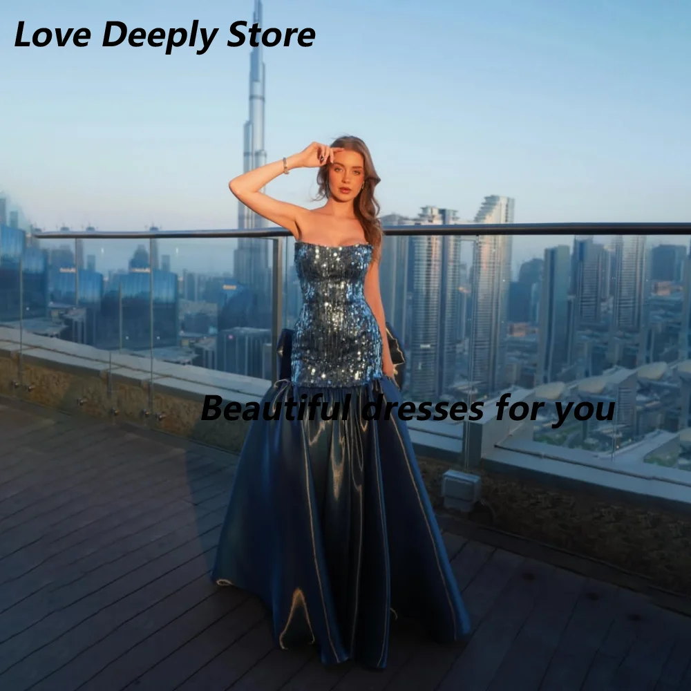 Customized Navy Satin Mother Of The Bride Gown Strapless Blue Sequins Bodice Huge Back Bow Voluminous Wedding Guest Maxi Dress