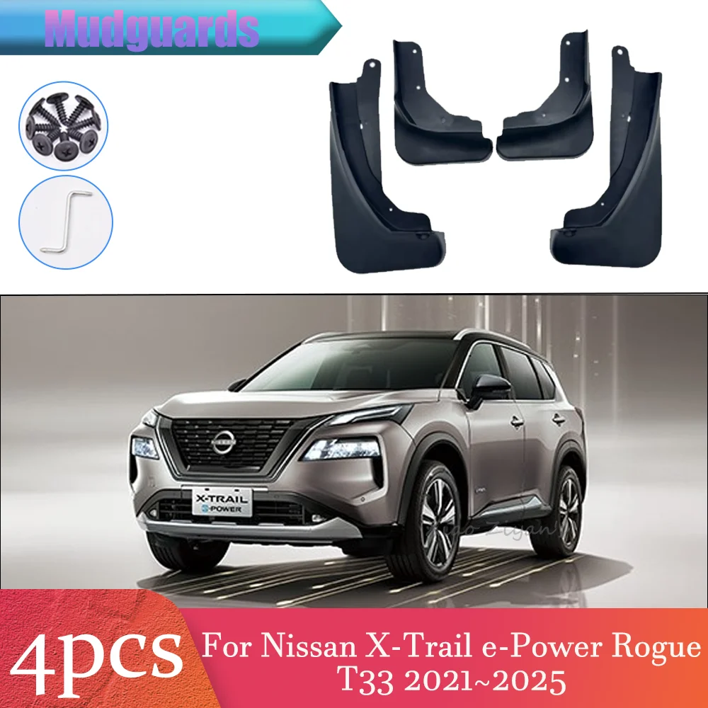 For Nissan X-Trail e-Power Rogue T33 2021~2025 2023 2024 4PCS Car Mudquard Flaps Mud Skin Fenders Splash Parts Accessories PP