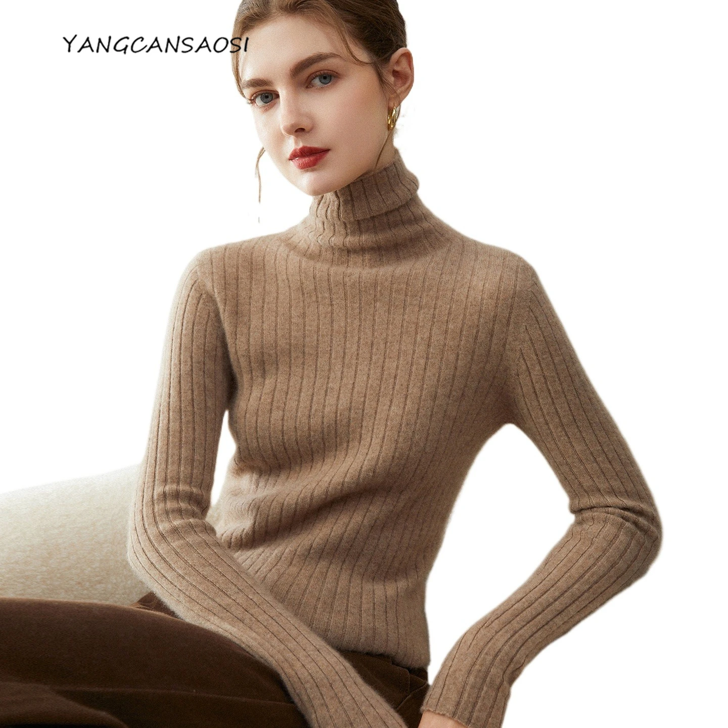 

Женская осенне-зимняя одежда 2022, 100% кашемир, первая линия, готовая к ношению, полосатый сложенный воротник, модный повседневный свитер