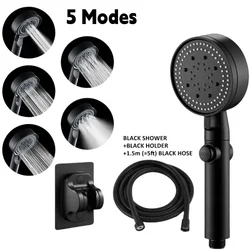 3Pcs/Set Adjustable Silver/Black Shower Head, High Pressure Water Saving Shower Head With 5 Modes+Wall Mounted Bracket+1.5M Hose