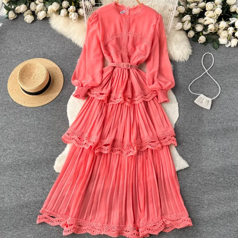 Autumn Vintage Fashion Pleated Women Long Dress Elegant Chic Solid A-Line Party Prom Vestidos Female Birthday Clothes Mujers New