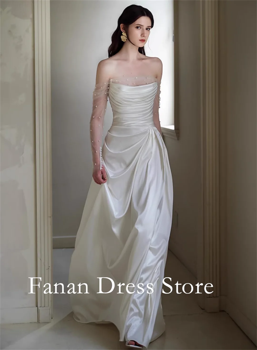 FANAN Korea Sheath Off the Shoulder Silk Satin Ruched Pearls Wedding Dresses 웨딩드레스 Ivory Customized Pretty  Bride Dress