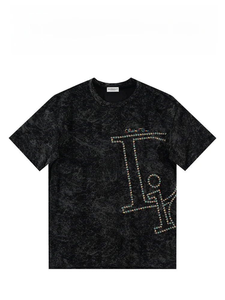 

Футболка BAIRBAOLIY с тяжелой вышивкой, мужская, повседневная, с круглым вырезом, из хлопка и полиэстера, модная, в городском стиле, весна-лето