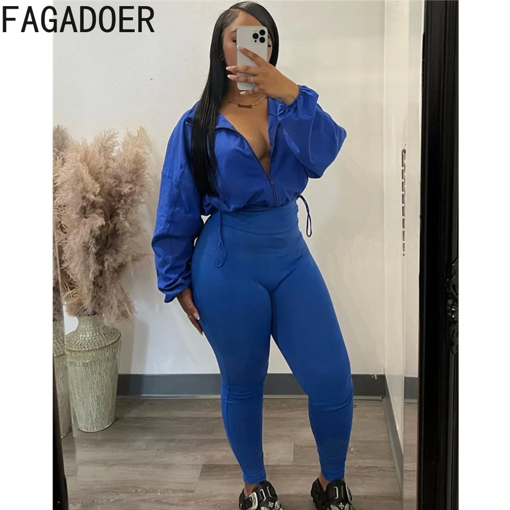 FAGADOER Casual Solid Sporty Two Piece Sets Women Zipper Long Sleeve Drawstring Top And Skinny Pants Outfits Female Tracksuits