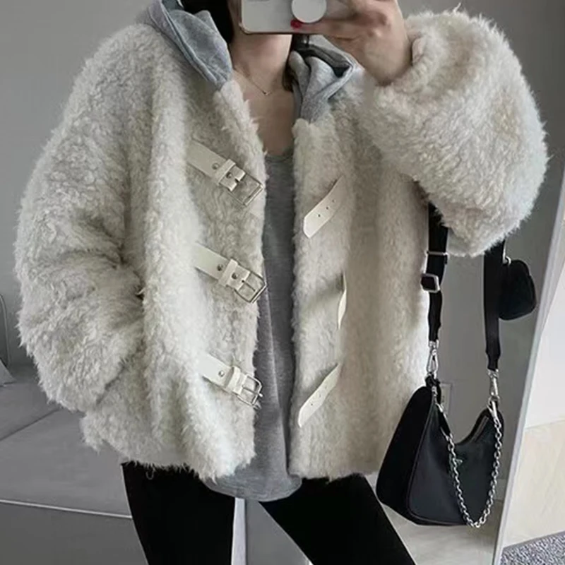 Casual Patchwork Hooded Plush Coats Belt Buckle Long Sleeve Loose Jackets 2024 Autumn Winter Korean Chic Warm Outwears Female