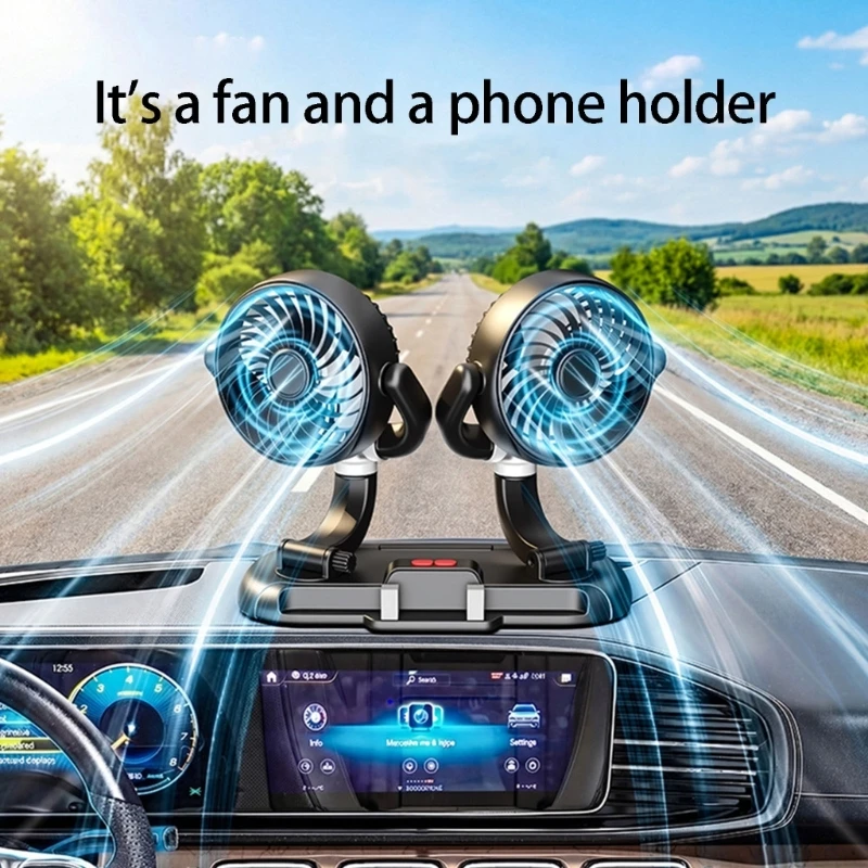Double USB Car Fan with Mount for Wide Cooling on Road Trips Low Power Consumption Cooling Fan