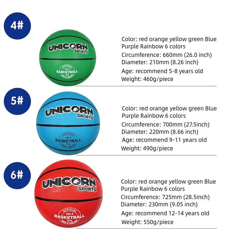 Basketball Size 5 Rainbow color for Indoor Outdoor School Game Street Ball Training Rubber Basketball