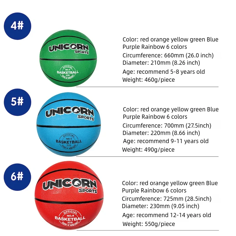 농구 사이즈 6 레인보우 컬러, 실내 야외 학교 게임, 스트리트 볼 훈련, 고무 농구