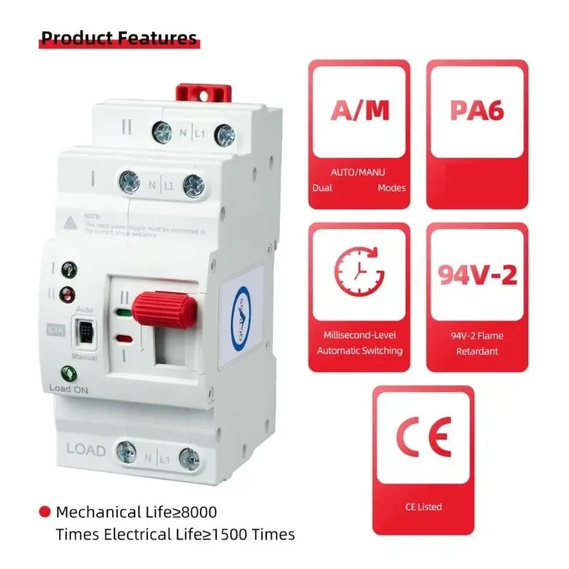 Automatic Transfer Switches, 2P 63A 220V Source Changeover with Manual Selection, Primary Supply Return, and Green and Red D2RD